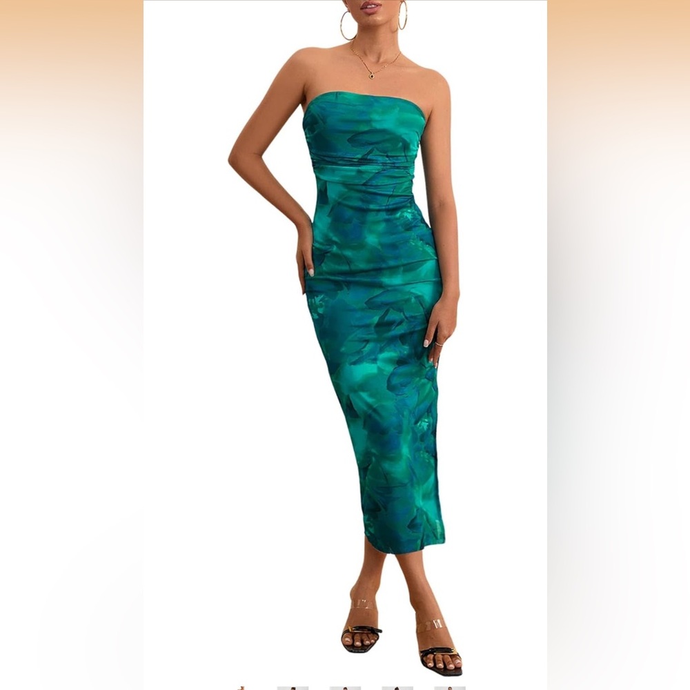 Amazon Strapless Teal Green Printed Maxi Dress
